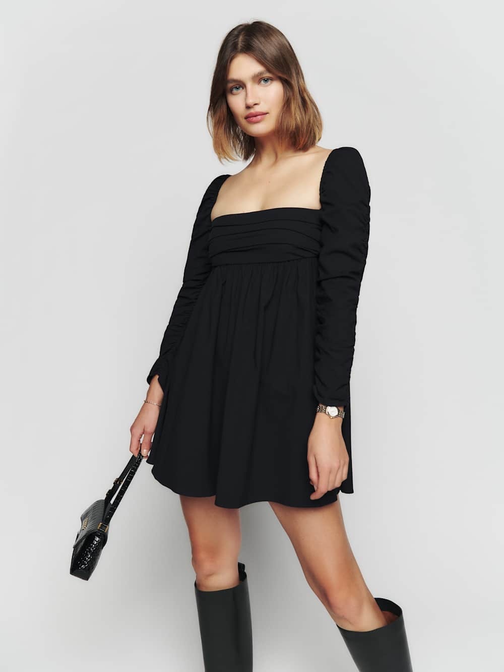 Reformation Netta Black Square-Neck Puff Sleeve Midi Dress